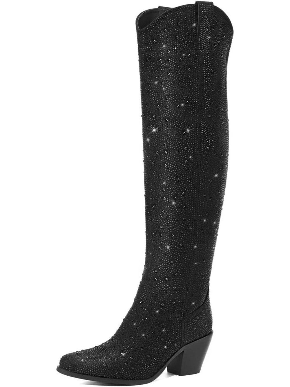 Women's Black Rhinestone Cowgirl Boots Over the Knee Pointed Toe Chunky Heel